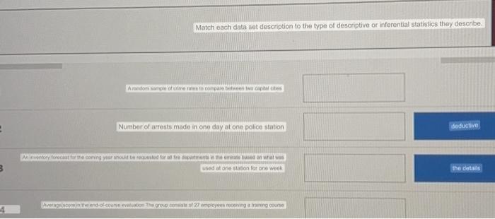 Match each data set description to the type of descriptive or inferential