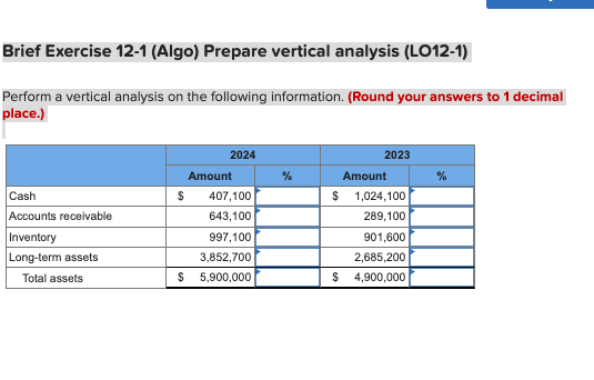 Brief Exercise 12-1 (Algo) Prepare vertical analysis (LO12-1) Perform a vertical analysis
