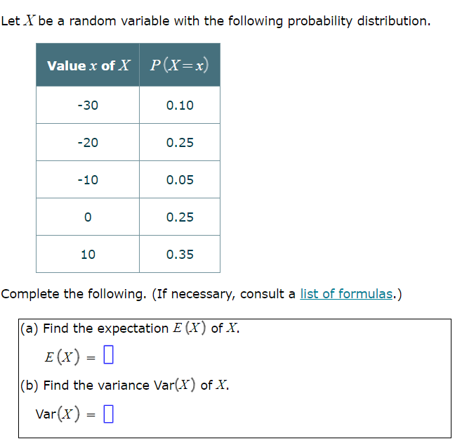 Let X be a random variable with the following probability distribution. Value