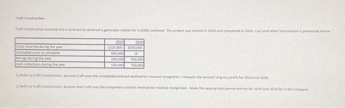 Craft Construction Craft Construction entered into a contract to construct a generator