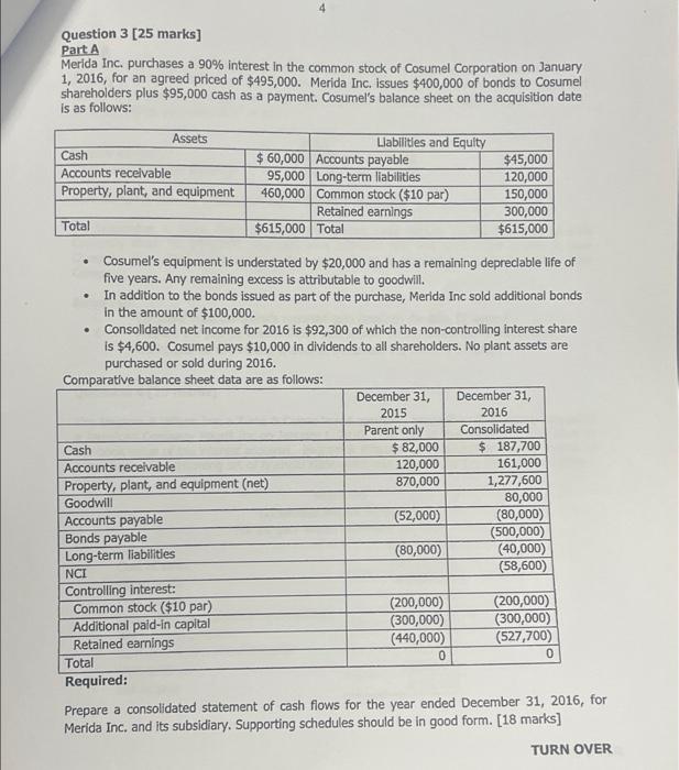Question 3 [25 marks] Part A Merida Inc. purchases a 90% interest