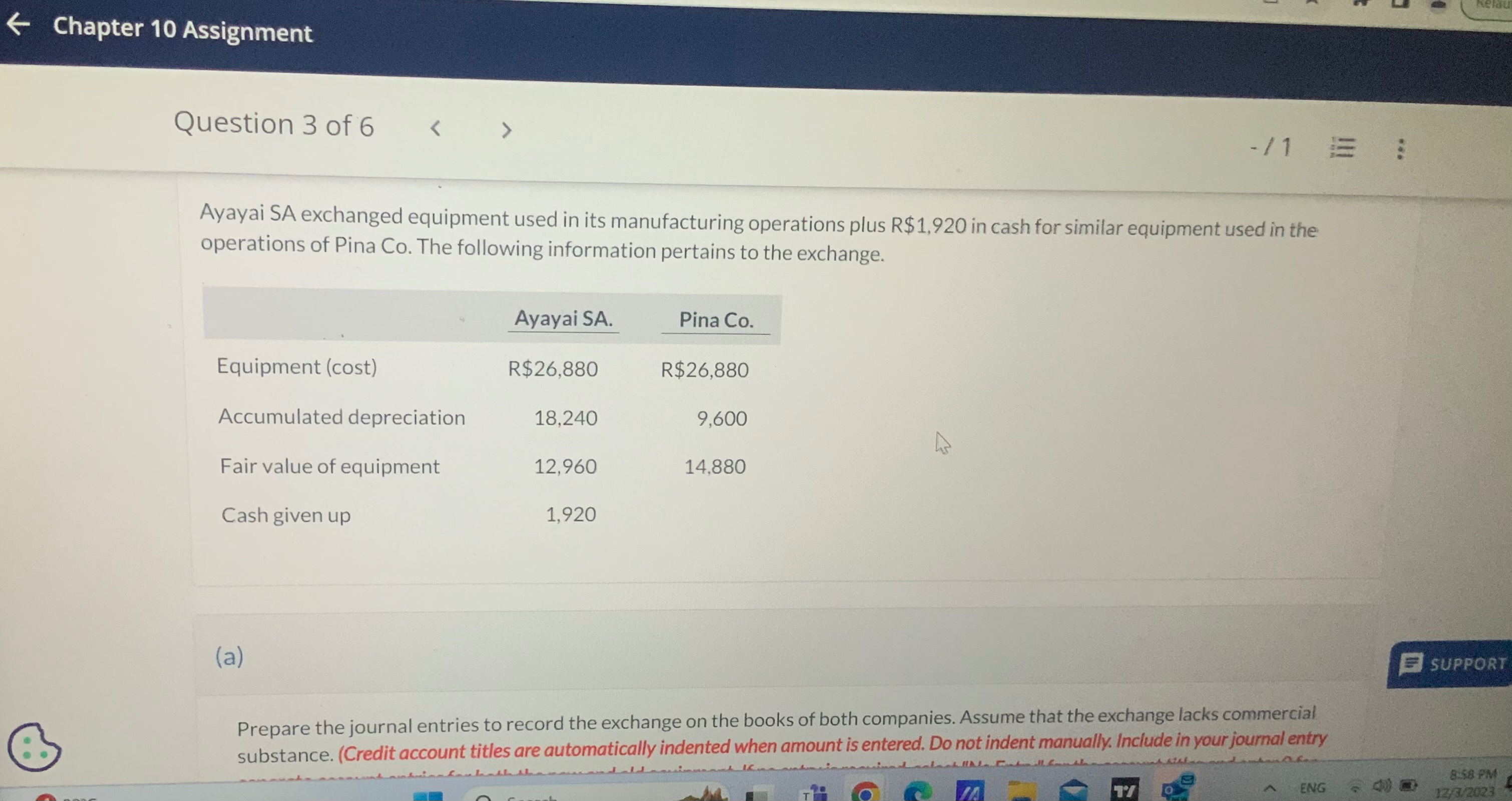 Chapter 10 Assignment ] C Question 3 of 6 > > -/1