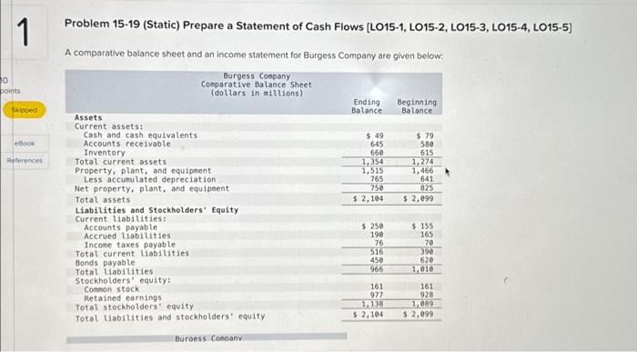 1 0 points) Skipped Problem 15-19 (Static) Prepare a Statement of Cash