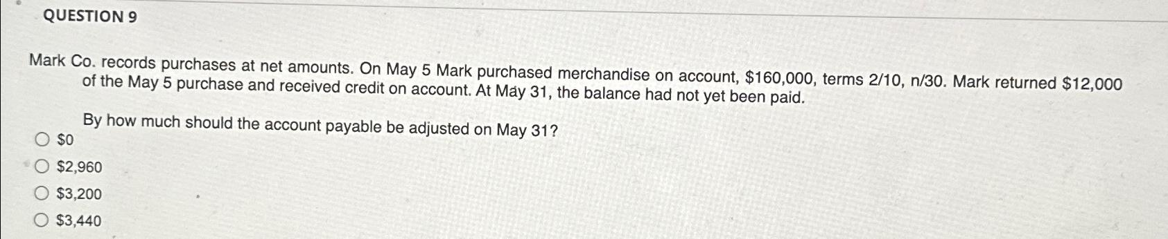QUESTION 9 Mark Co. records purchases at net amounts. On May 5