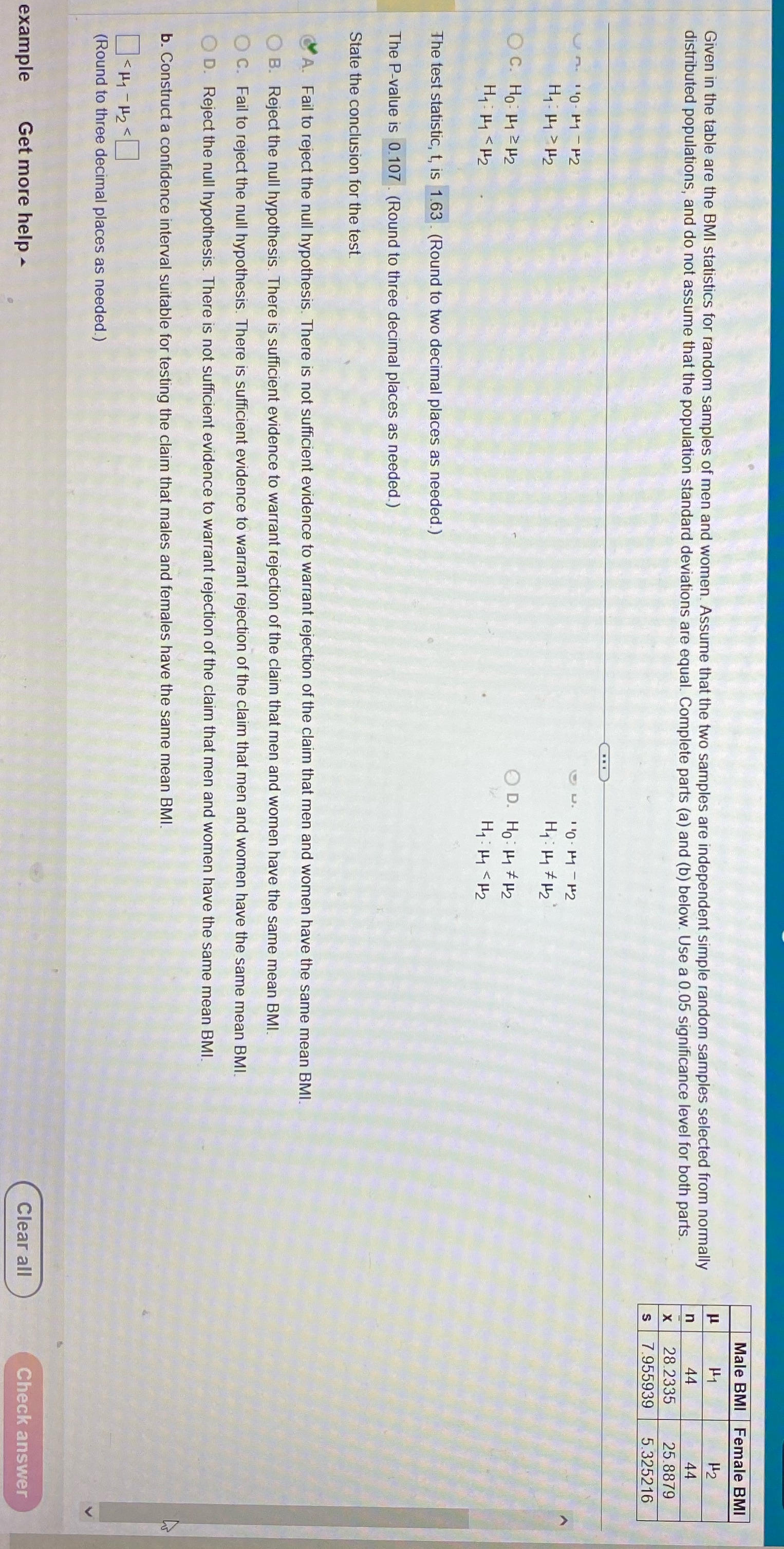 Given in the table are the BMI statistics for random samples of
