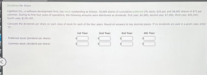 Dividends Per Share Lightfoot Inc., a software development firm, has stock outstanding