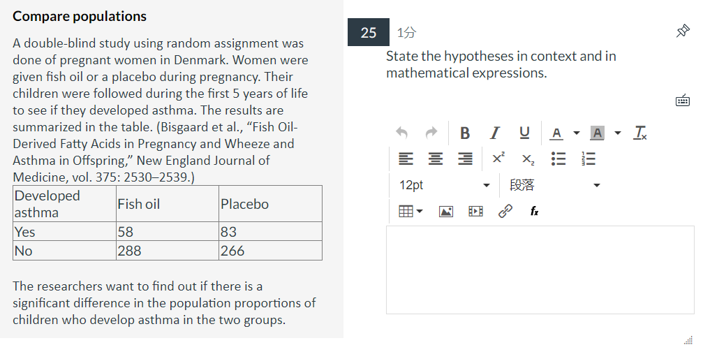 Compare populations A double-blind study using random assignment was done of pregnant