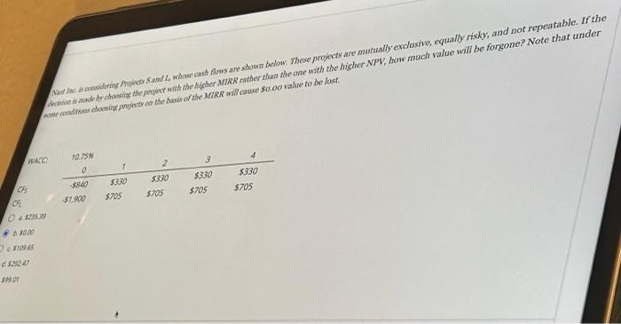 Nast Inc is considering Projects Sand L, whose cash flows are shown
