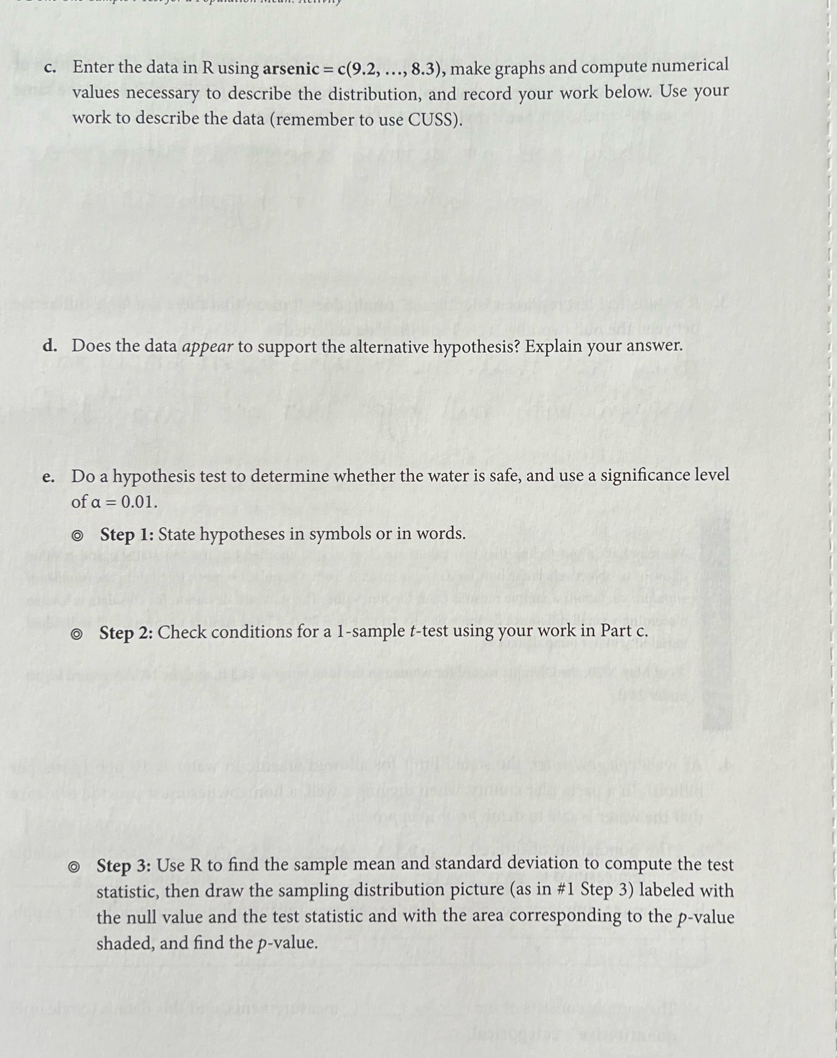 c. Enter the data in R using arsenic = c(9.2, ..., 8.3),