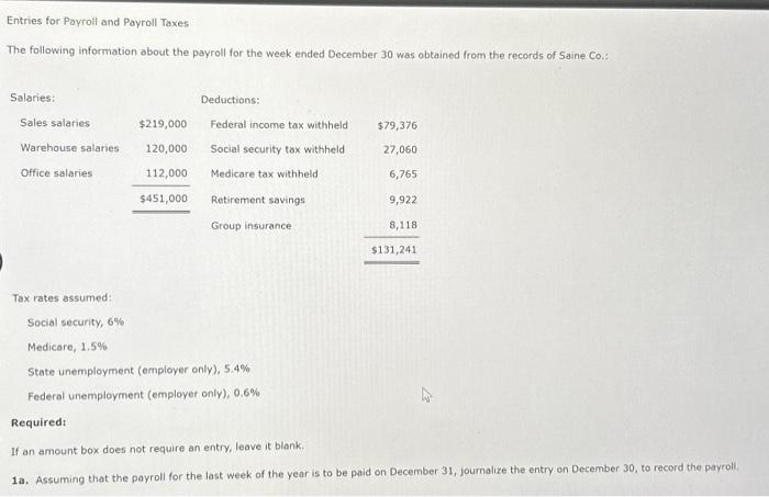 Entries for Payroll and Payroll Taxes The following information about the payroll