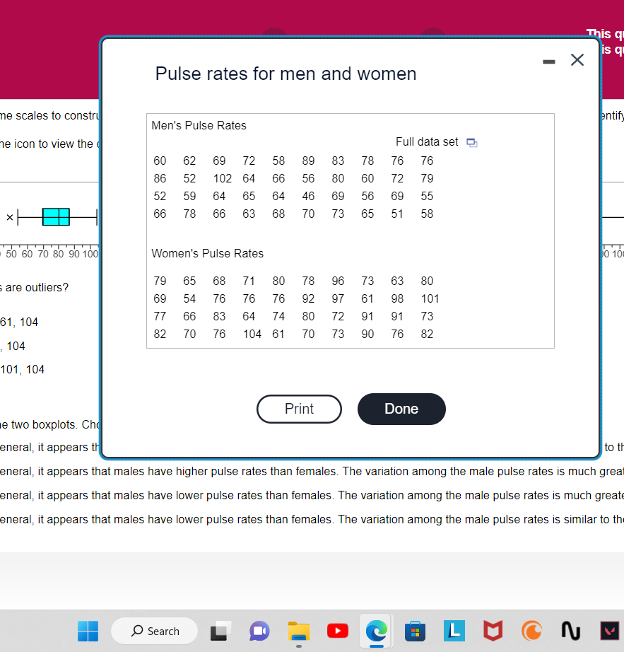 of males and females from the accompanying data sets. Identify any outliers.