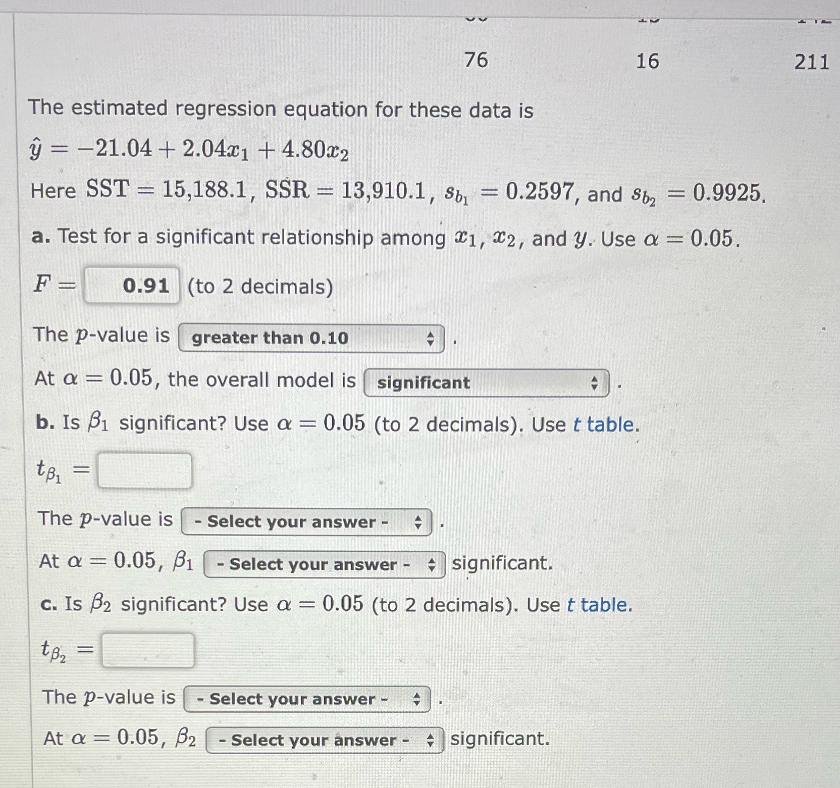 76 16 211 The estimated regression equation for these data is y