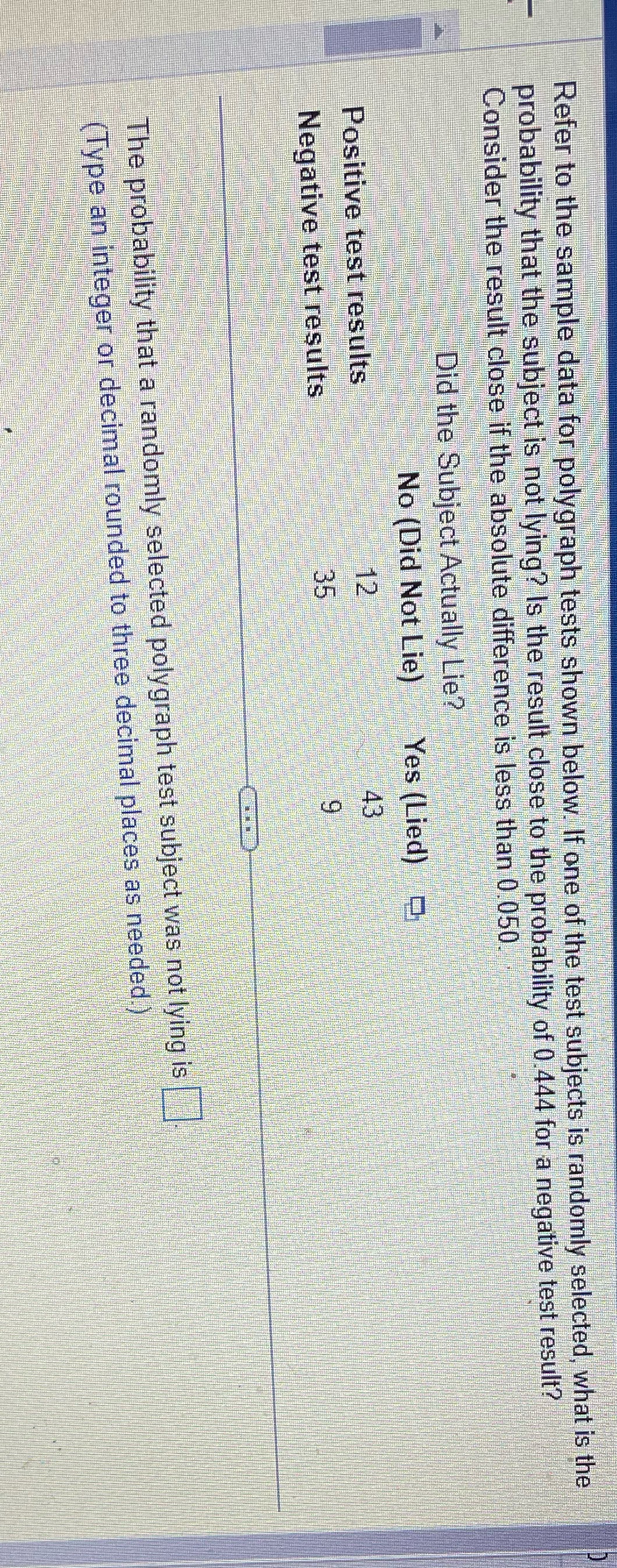 Refer to the sample data for polygraph tests shown below. If one