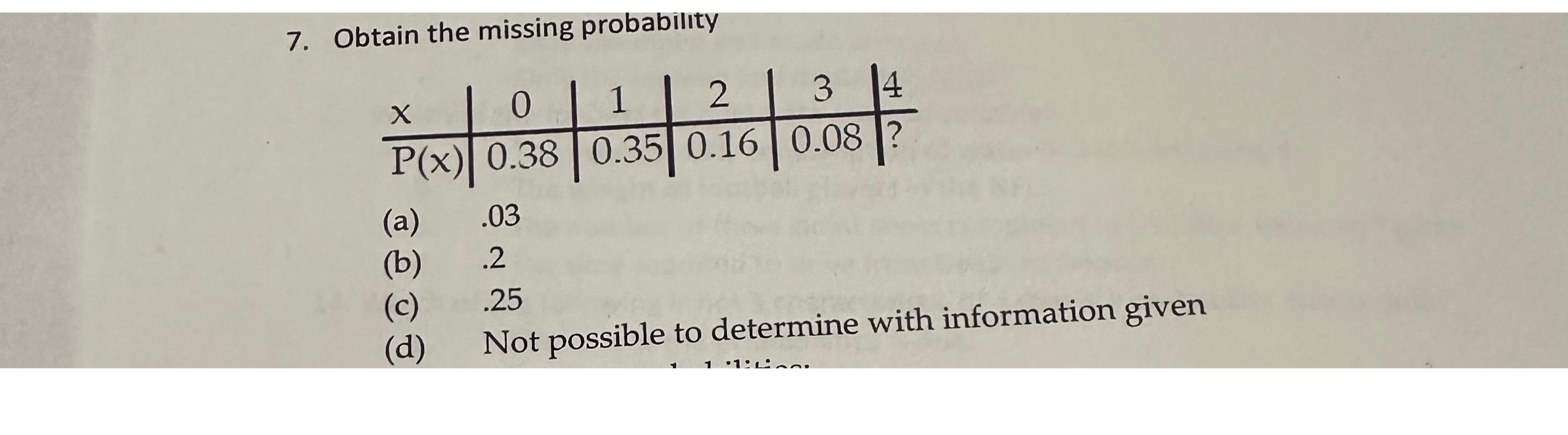 7. Obtain the missing probability X 0 1 2 3 P(x) 0.38