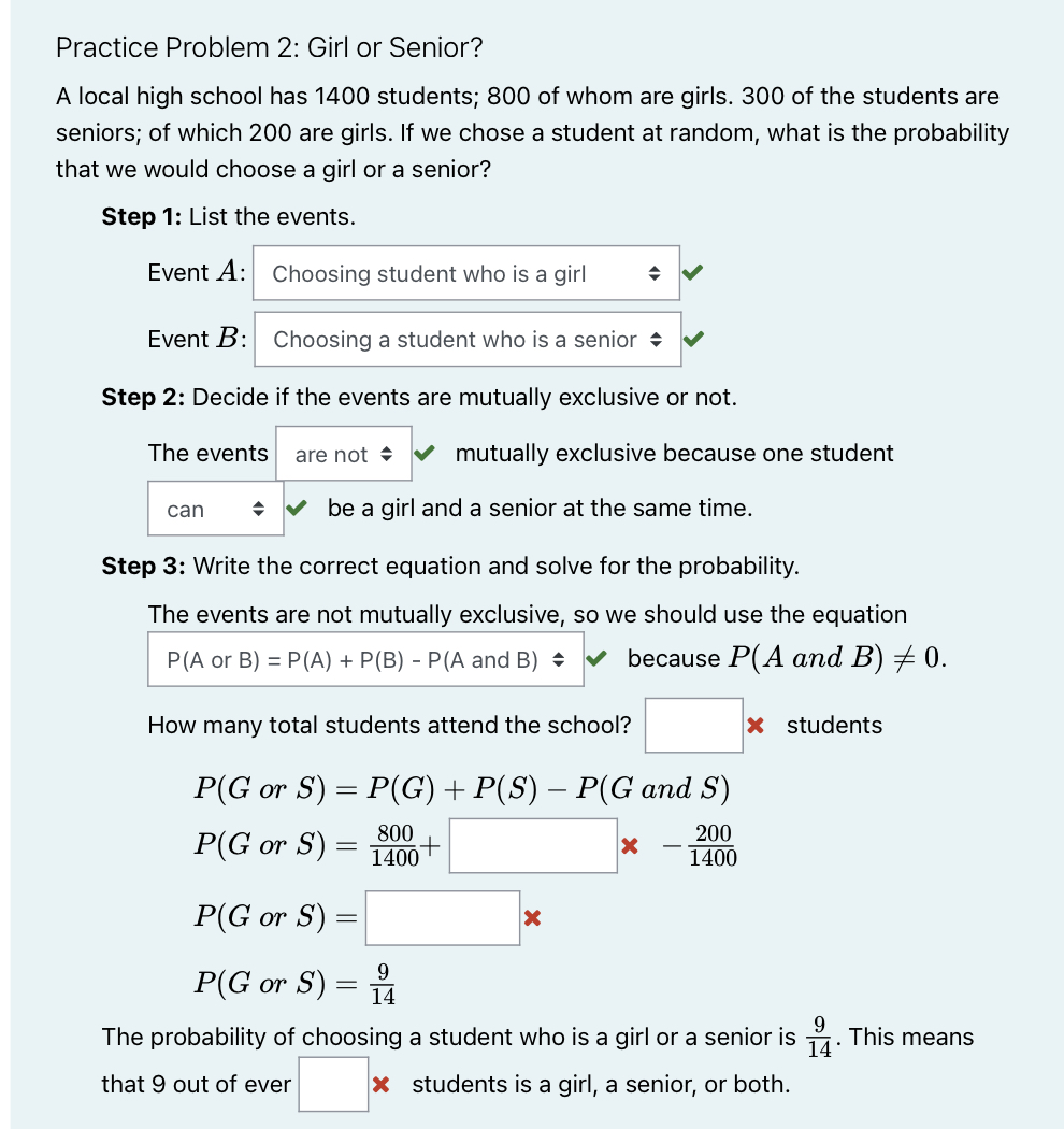 Practice Problem 2: Girl or Senior? A local high school has 1400