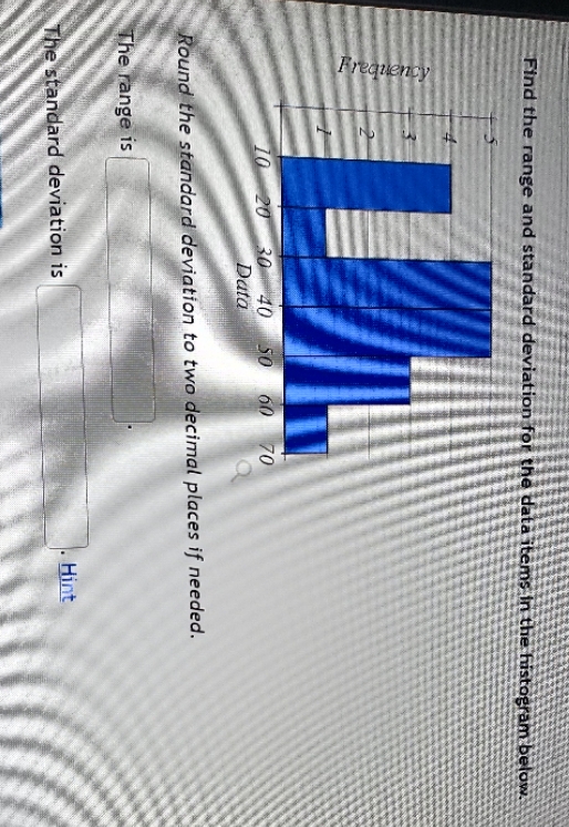 Find the range and standard deviation for the data items in the