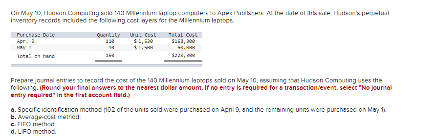 On May 10, Hudson Computing sold 140 Millennium laptop computers to Apex