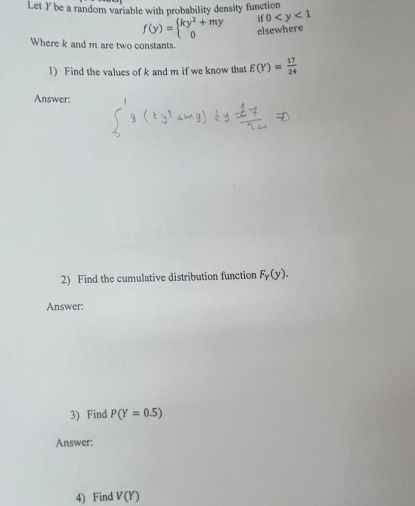 Let Y be a random variable with probability density function f(x) =