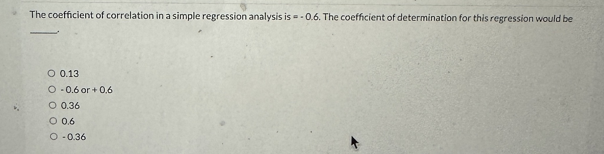 The coefficient of correlation in a simple regression analysis is = -0.6.