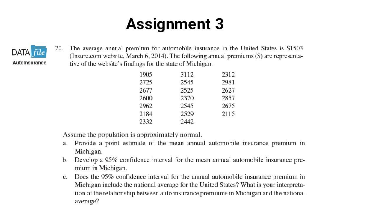 DATA file AutoInsurance 20. Assignment 3 The average annual premium for automobile