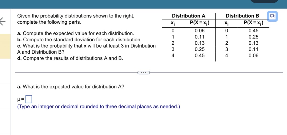 Given the probability distributions shown to the right, complete the following parts.