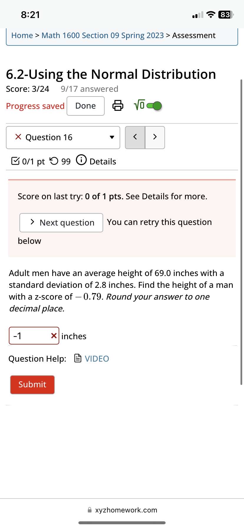 8:21 Home > Math 1600 Section 09 Spring 2023 > Assessment 6.2-Using