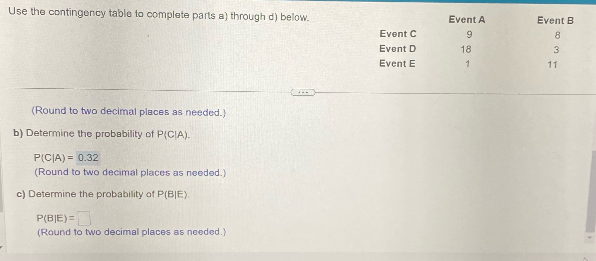 Use the contingency table to complete parts a) through d) below. (Round