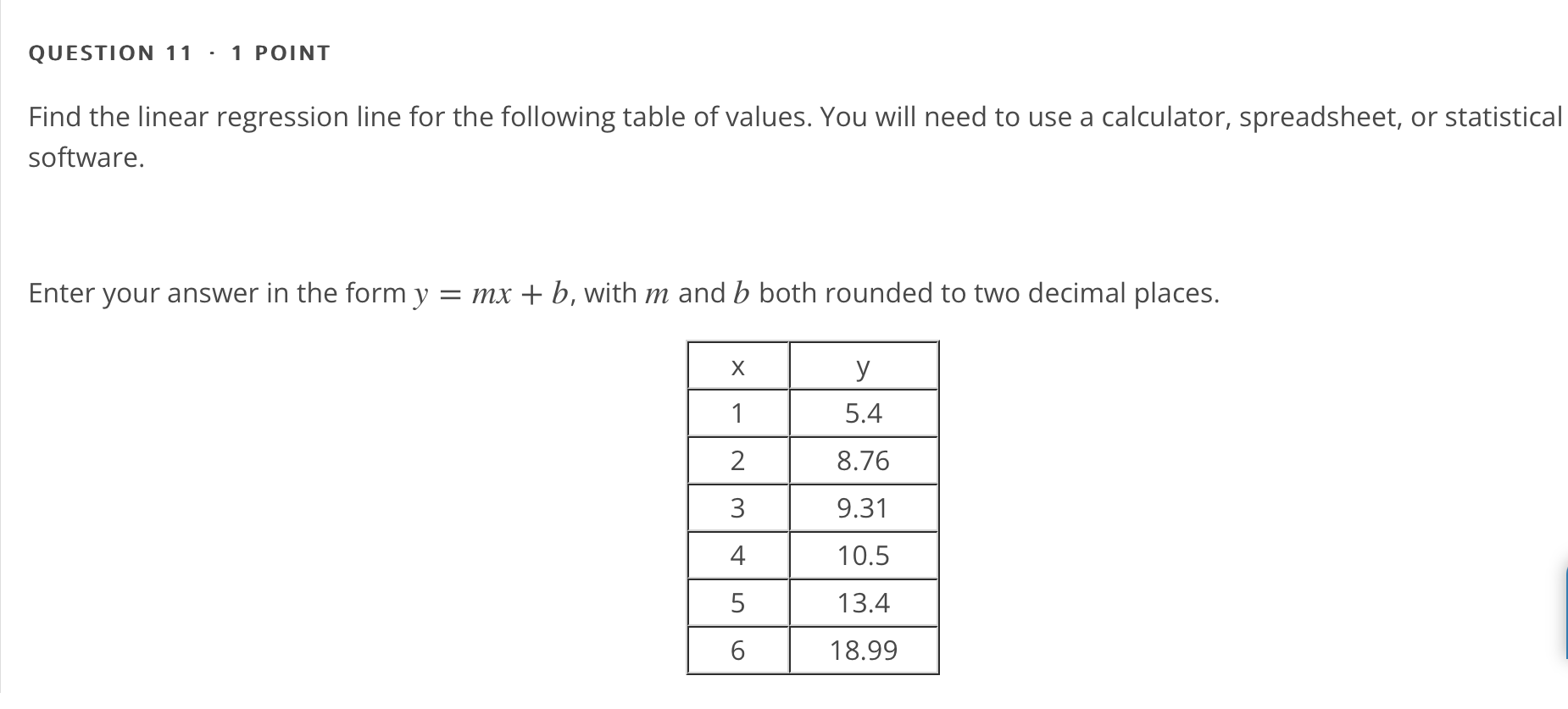 QUESTION 11 1 POINT Find the linear regression line for the following