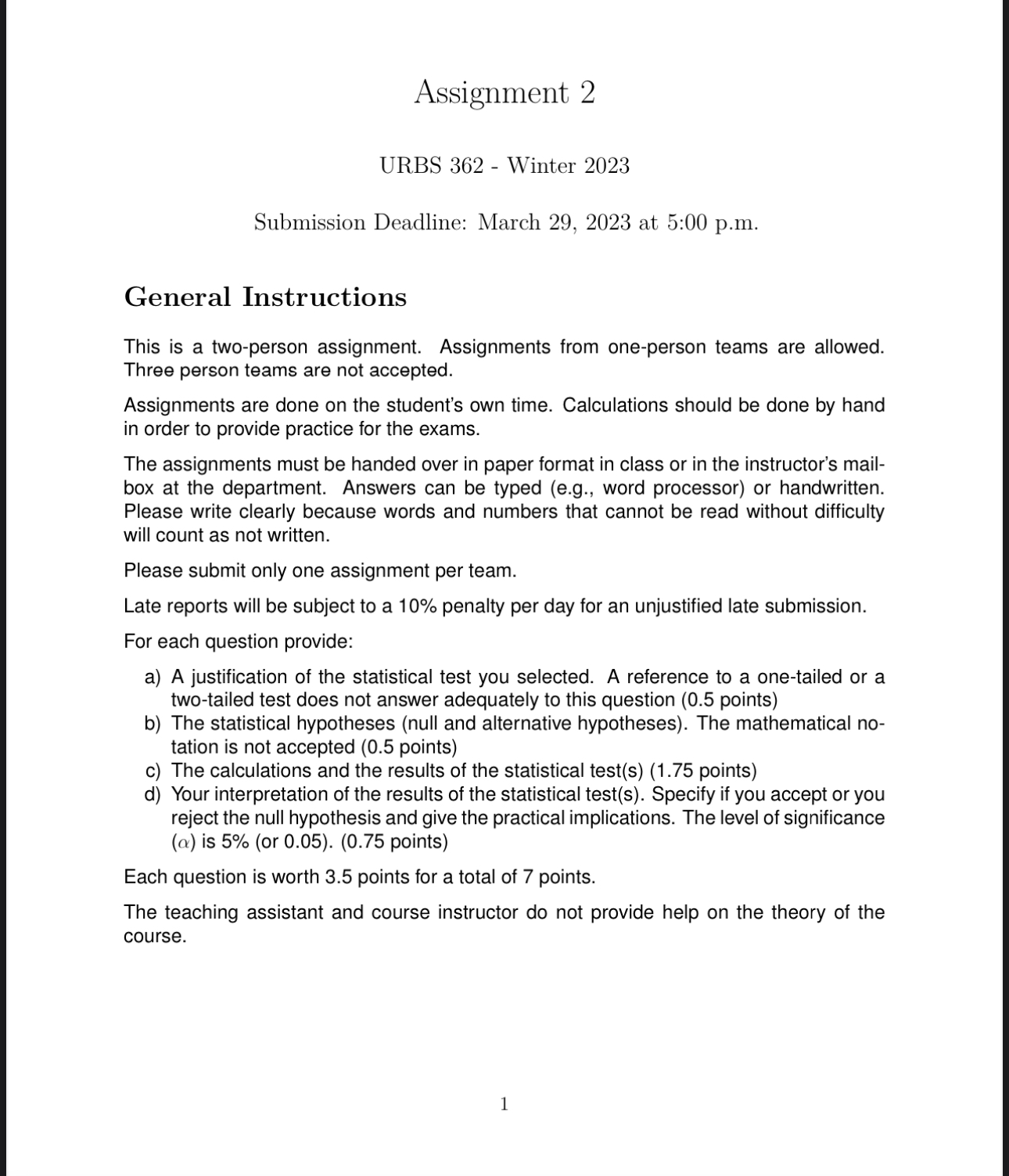 Assignment 2 URBS 362 Winter 2023 - Submission Deadline: March 29, 2023