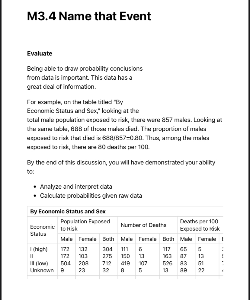 M3.4 Name that Event Evaluate Being able to draw probability conclusions from