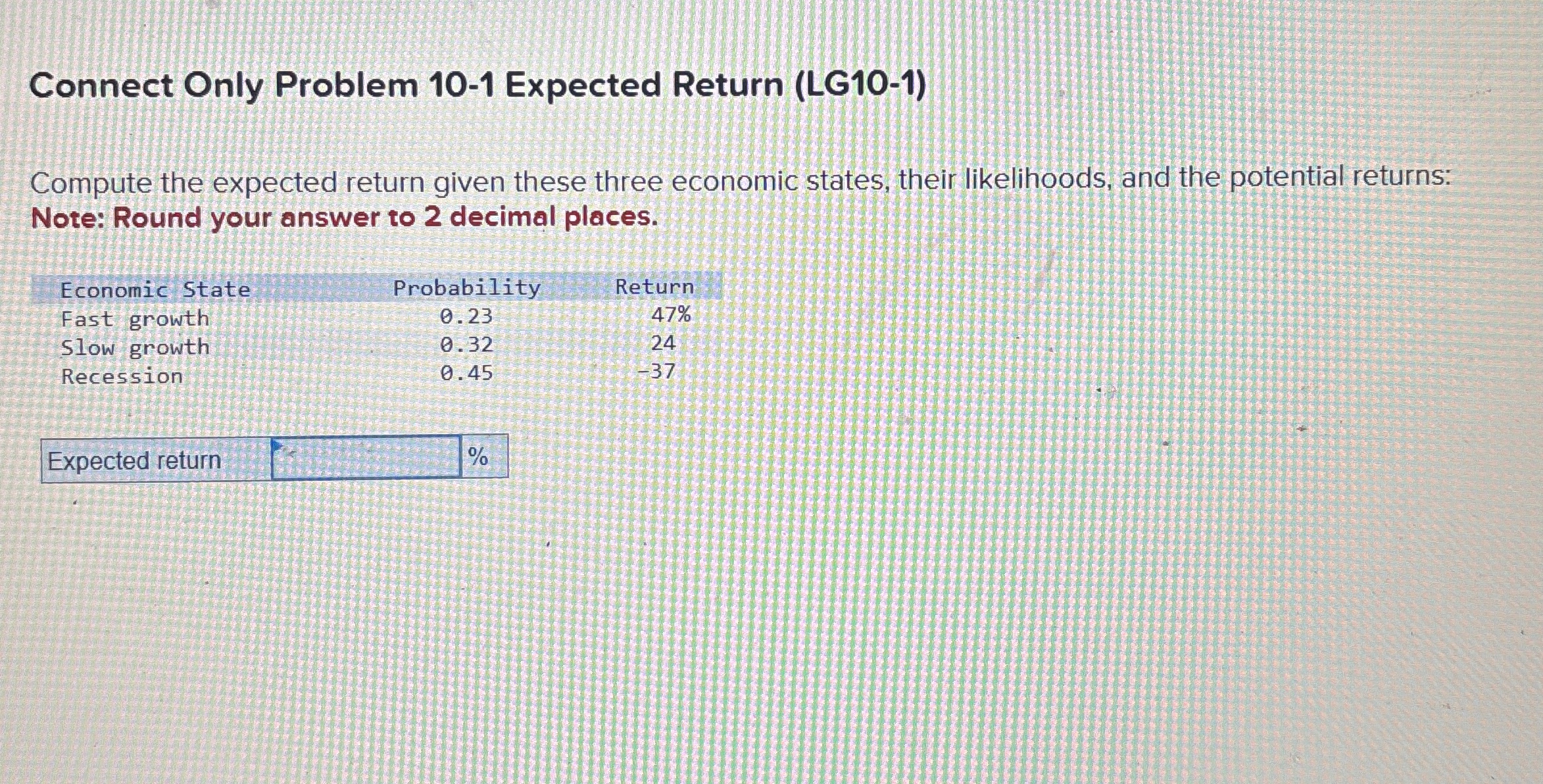 Connect Only Problem 10-1 Expected Return (LG10-1) Compute the expected return given