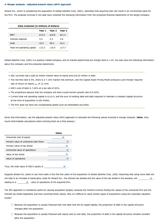 4. Merger analysis - Adjusted present value (APV) approach Wizard Inc., which