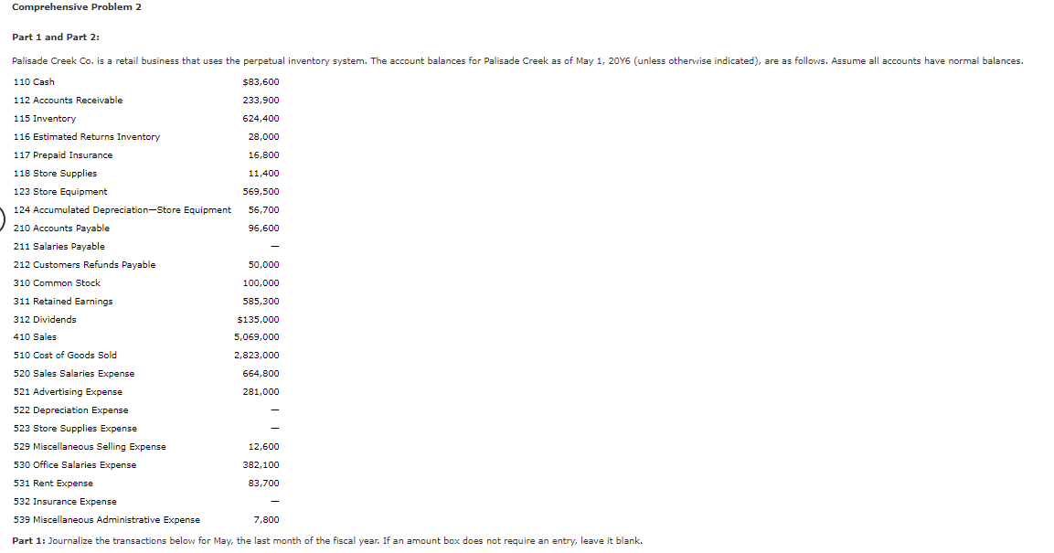 Comprehensive Problem 2 Part 1 and Part 2: Palisade Creek Co. is