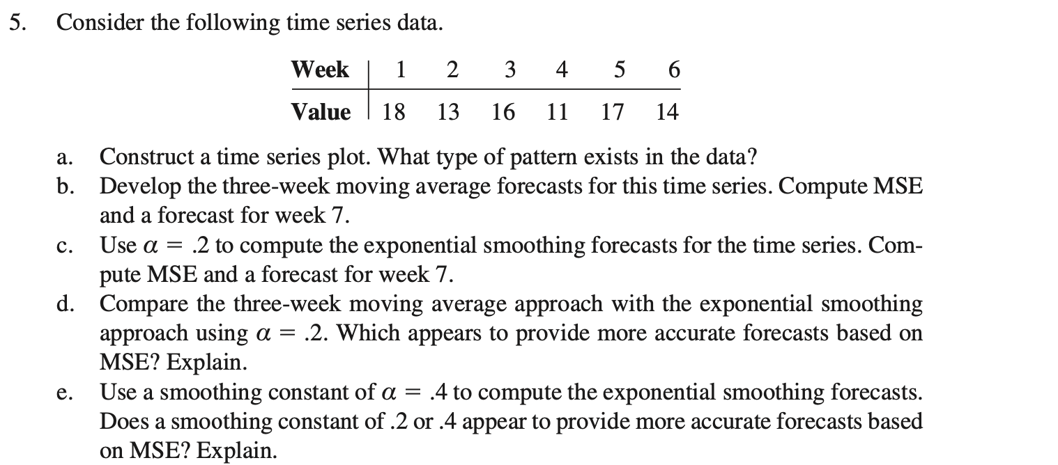 5. Consider the following time series data. Week 1 2 3 456