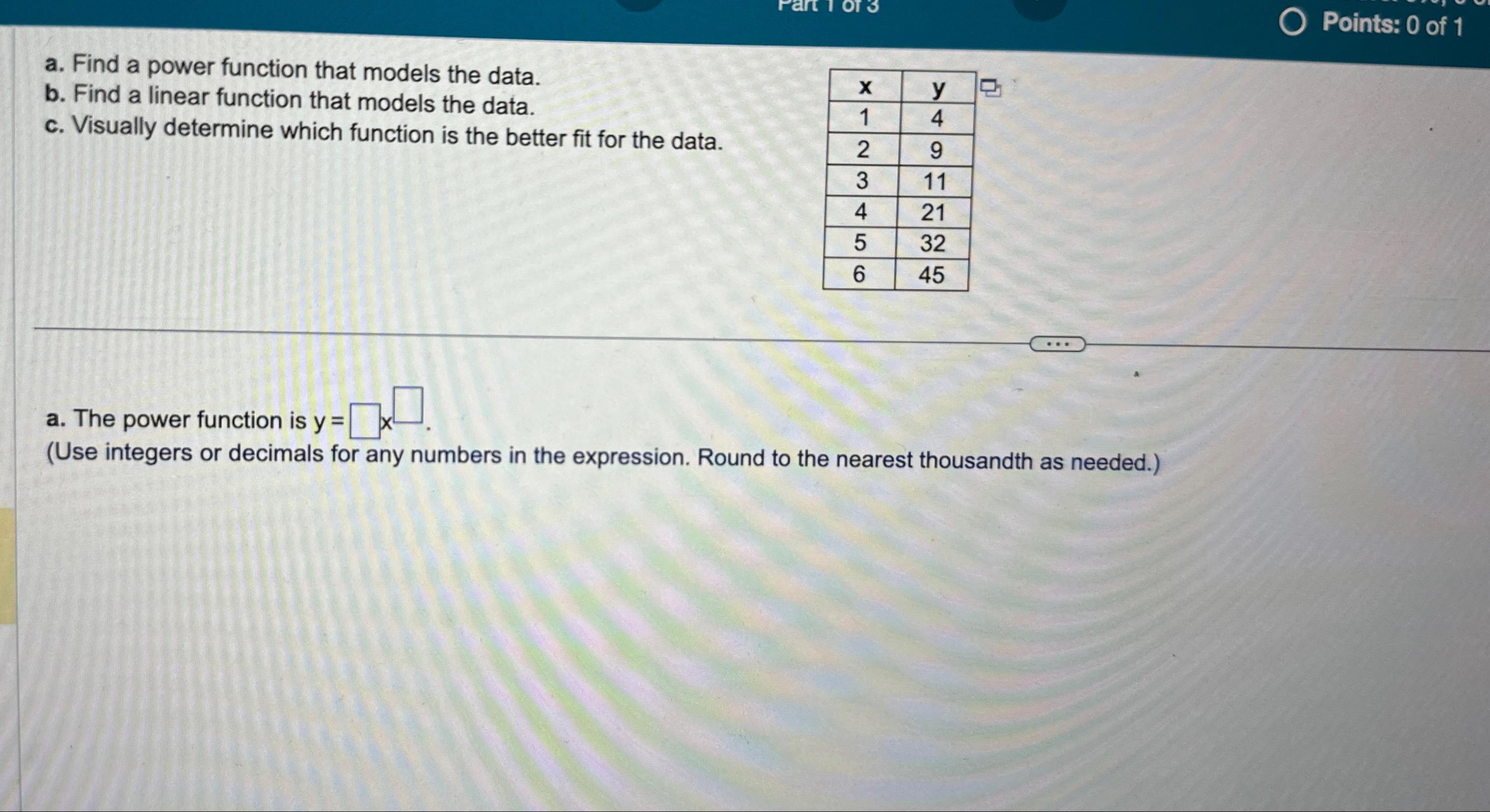 a. Find a power function that models the data. b. Find a