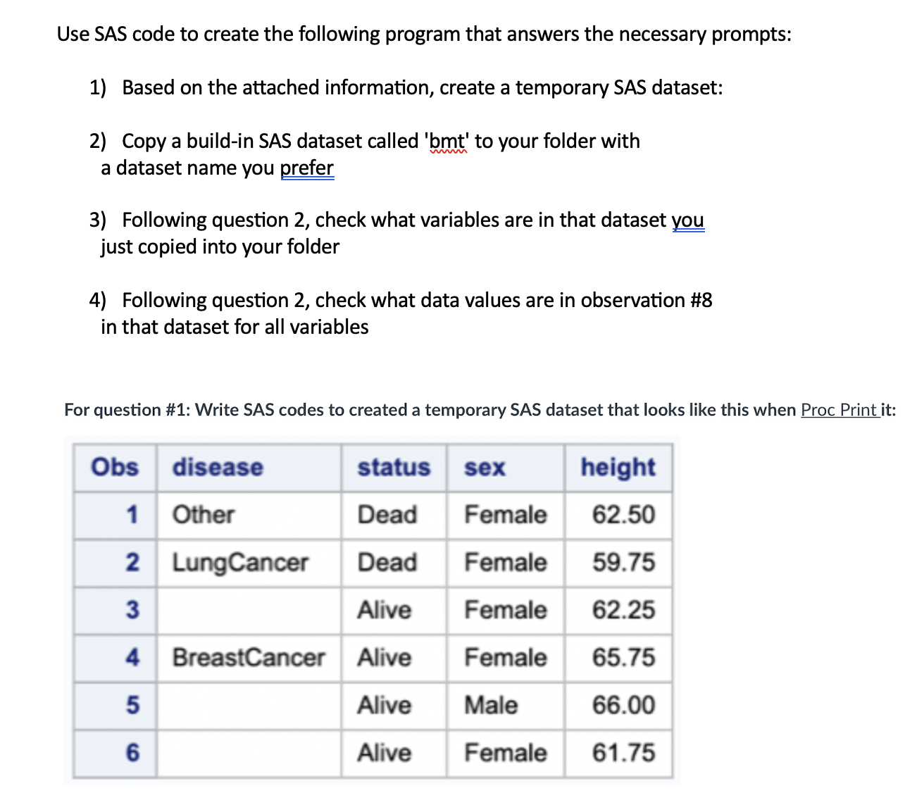 Use SAS code to create the following program that answers the necessary