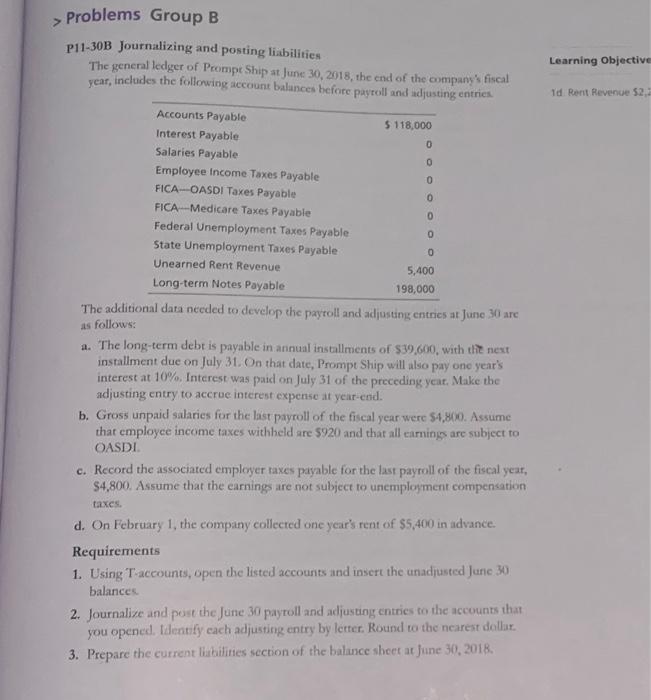 > Problems Group B P11-30B Journalizing and posting liabilities The general ledger