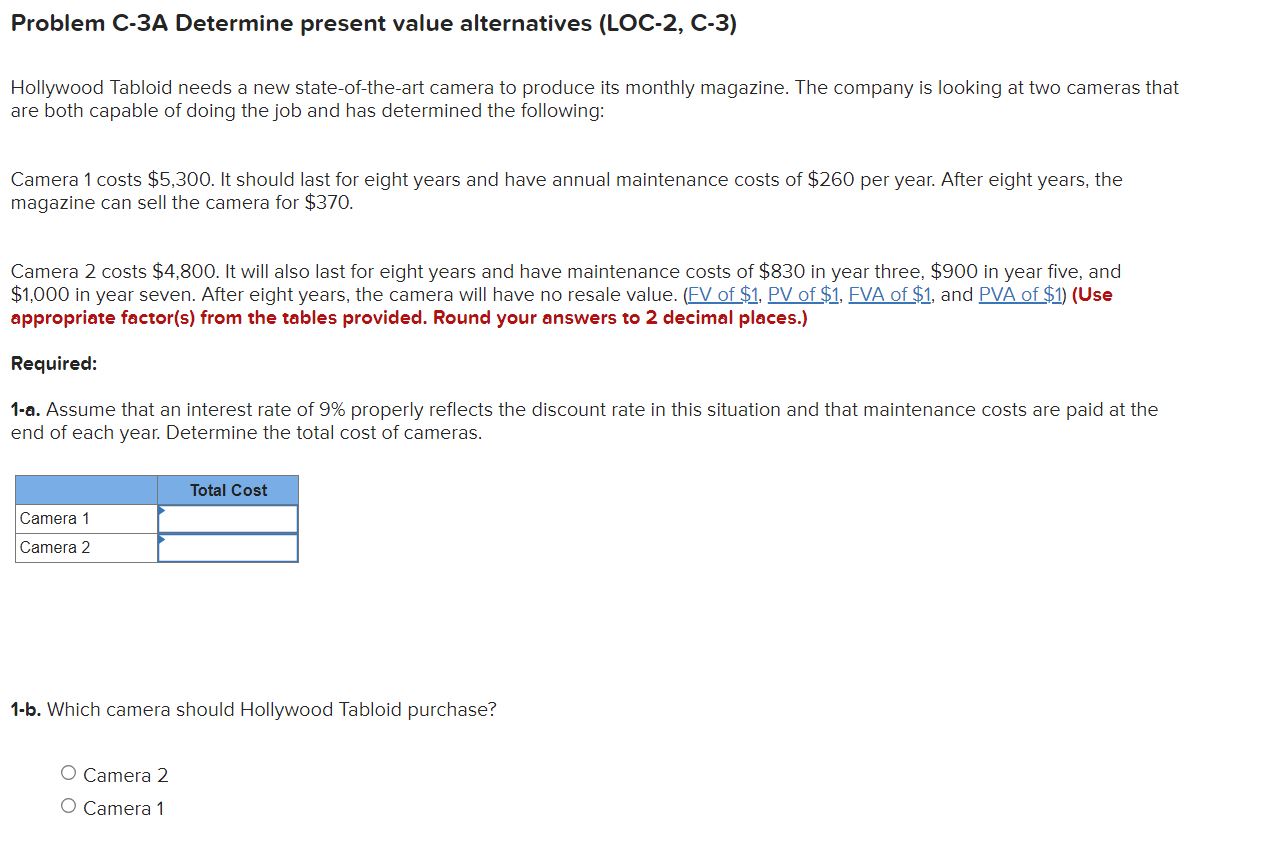 Problem C-3A Determine present value alternatives (LOC-2, C-3) Hollywood Tabloid needs a
