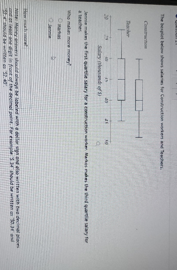 The boxplot below shows salaries for Construction workers and Teachers. Construction Teacher