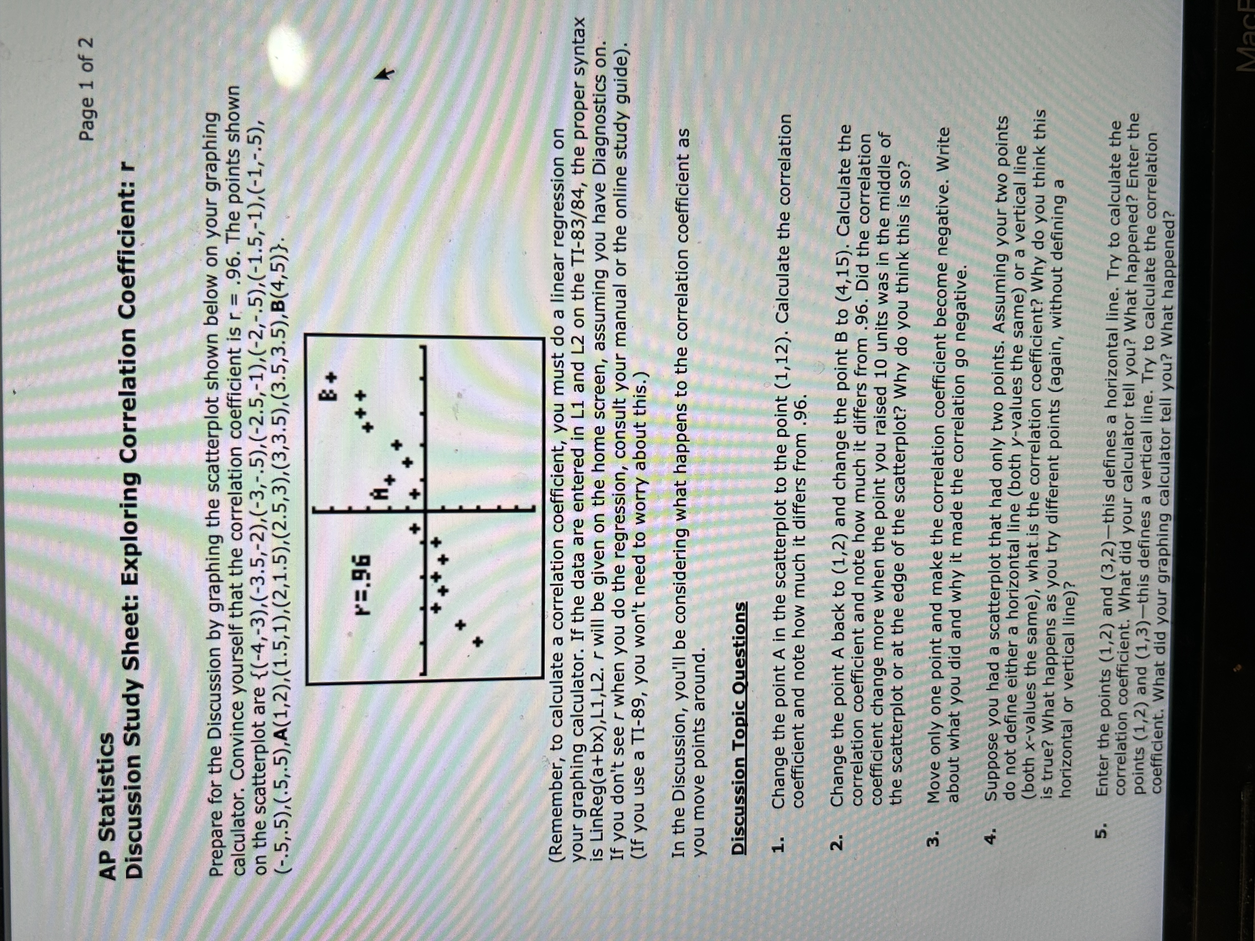 AP Statistics Discussion Study Sheet: Exploring Correlation Coefficient: r Page 1 of