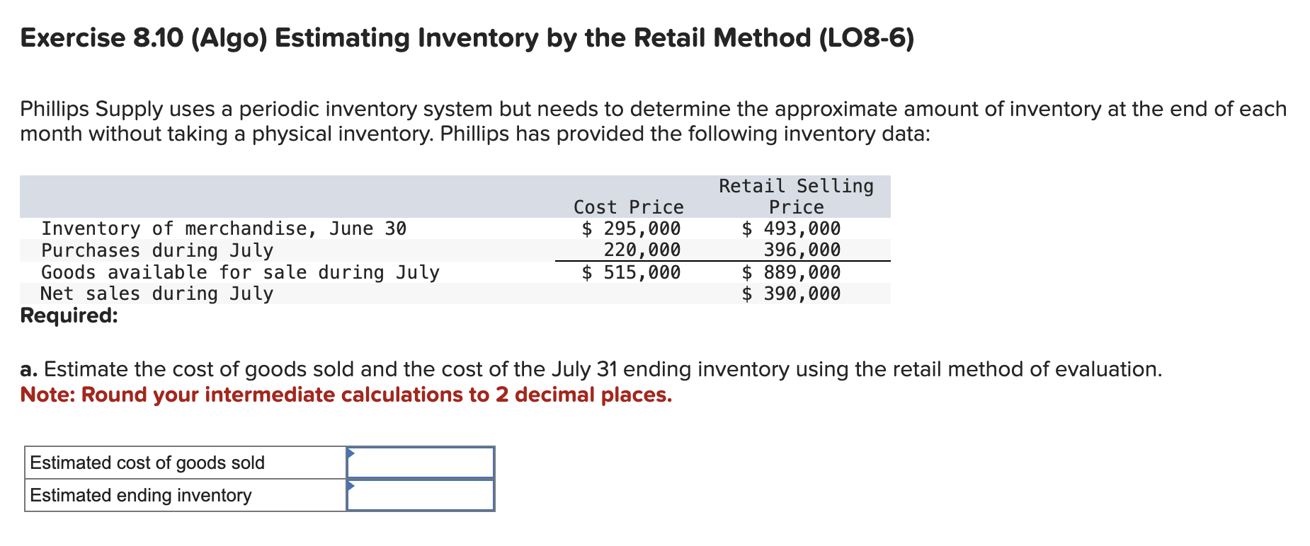 Exercise 8.10 (Algo) Estimating Inventory by the Retail Method (LO8-6) Phillips Supply