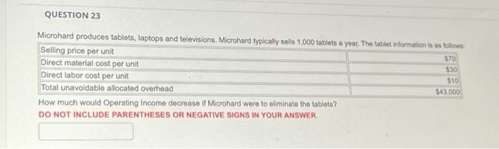 QUESTION 23 Microhard produces tablets, laptops and televisions. Microhard typically sells 1,000