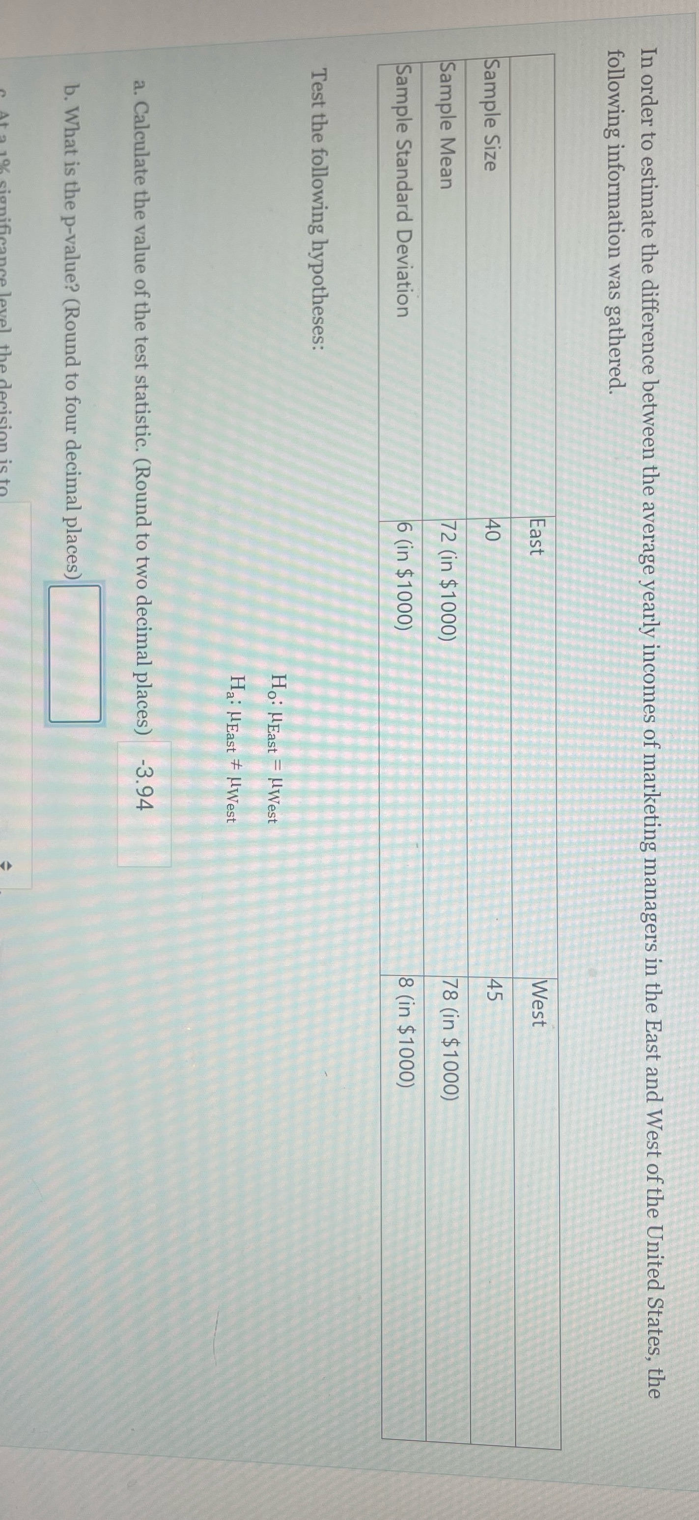 In order to estimate the difference between the average yearly incomes of
