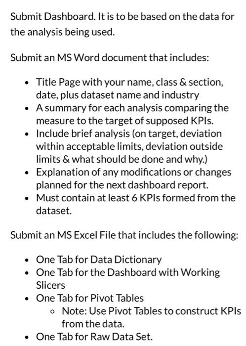 Submit Dashboard. It is to be based on the data for the