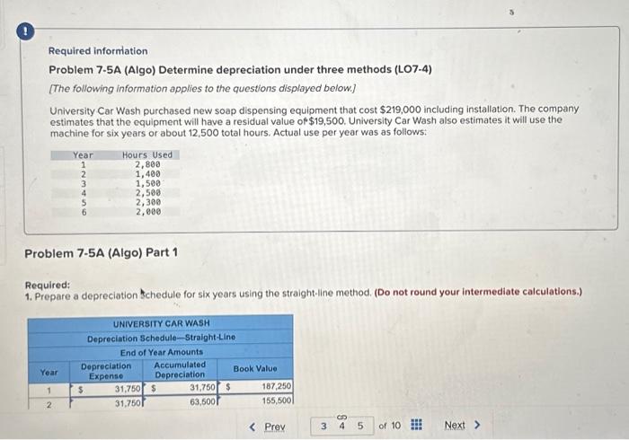 Required information Problem 7-5A (Algo) Determine depreciation under three methods (LO7-4) [The