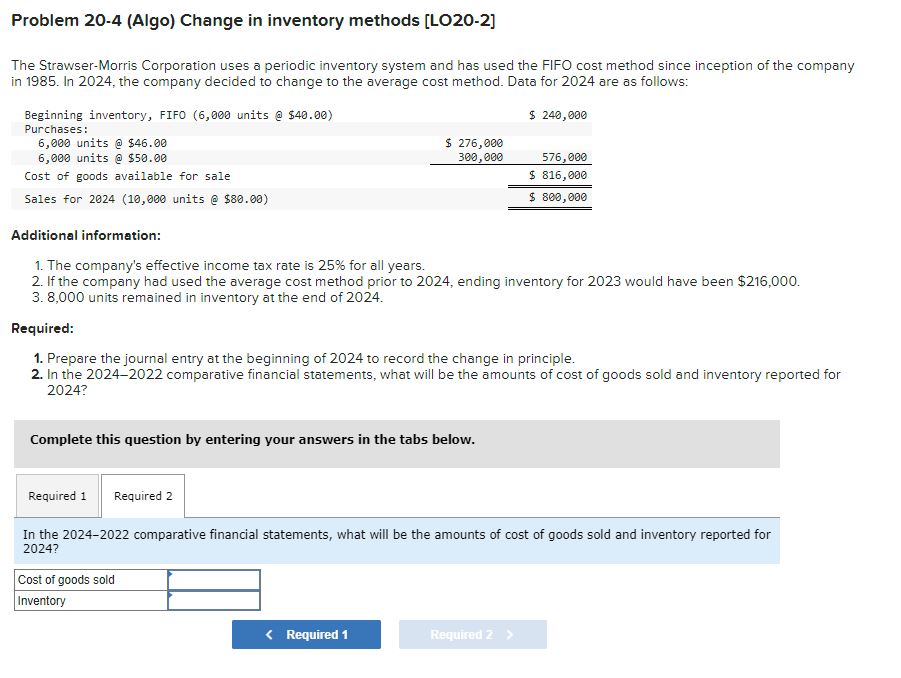 Problem 20-4 (Algo) Change in inventory methods [LO20-2] The Strawser-Morris Corporation uses
