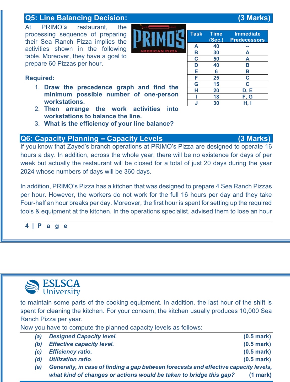 Q5: Line Balancing Decision: At PRIMO'S restaurant, the processing sequence of preparing