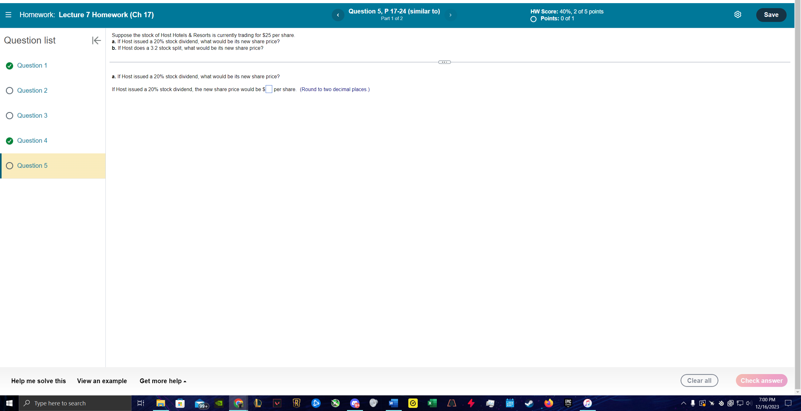 = Homework: Lecture 7 Homework (Ch 17) Question list Question 1 Question
