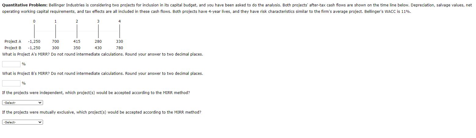 Quantitative Problem: Bellinger Industries is considering two projects for inclusion in its