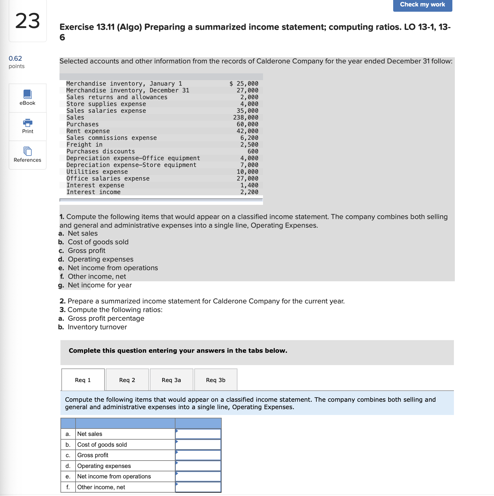 Check my work 23 Exercise 13.11 (Algo) Preparing a summarized income statement;